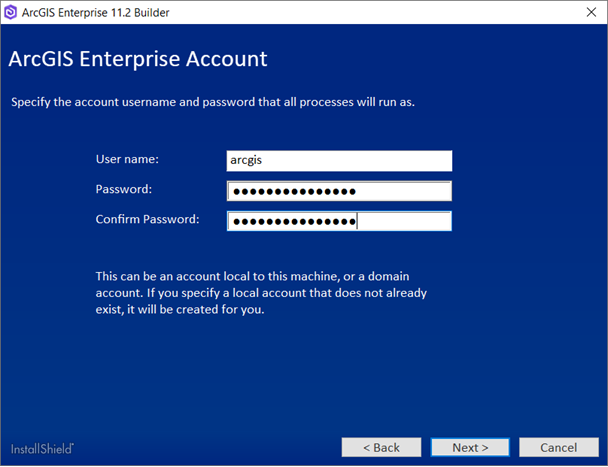 Specify the account user name and password that all processes will run as. Specify the account user name and password that all processes will run as.